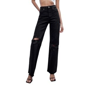 Zara Black Ripped Wide Legs Jeans